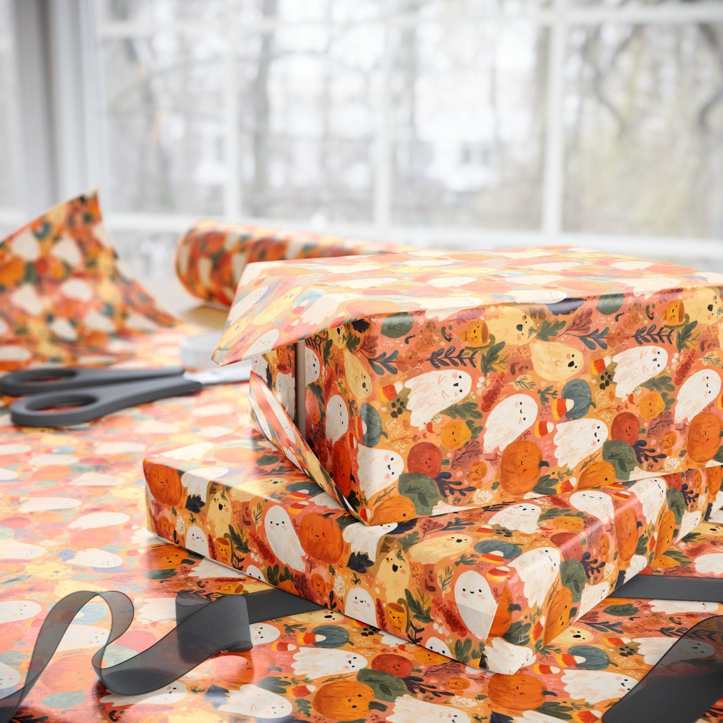 Cute Halloween Wrapping Paper Roll, Watercolor Ghosts and Pumpkins Design, Pastel Fall Gift Wrap for Kids Gifts