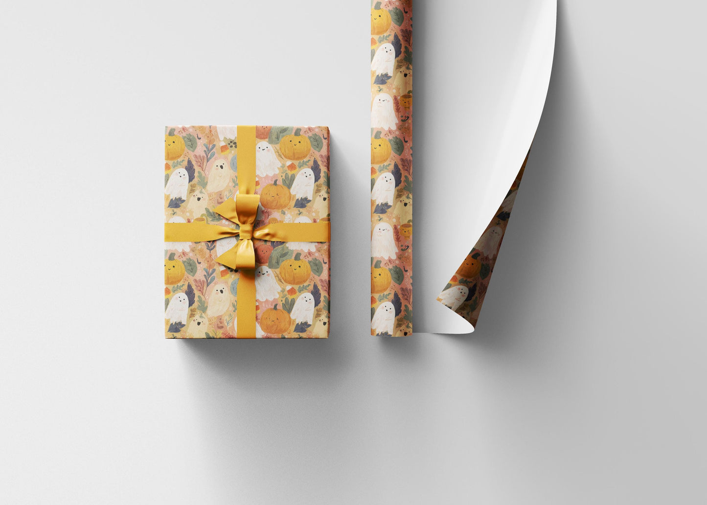 Cute Halloween Wrapping Paper Roll, Watercolor Ghosts and Pumpkins Design, Pastel Fall Gift Wrap for Kids Gifts
