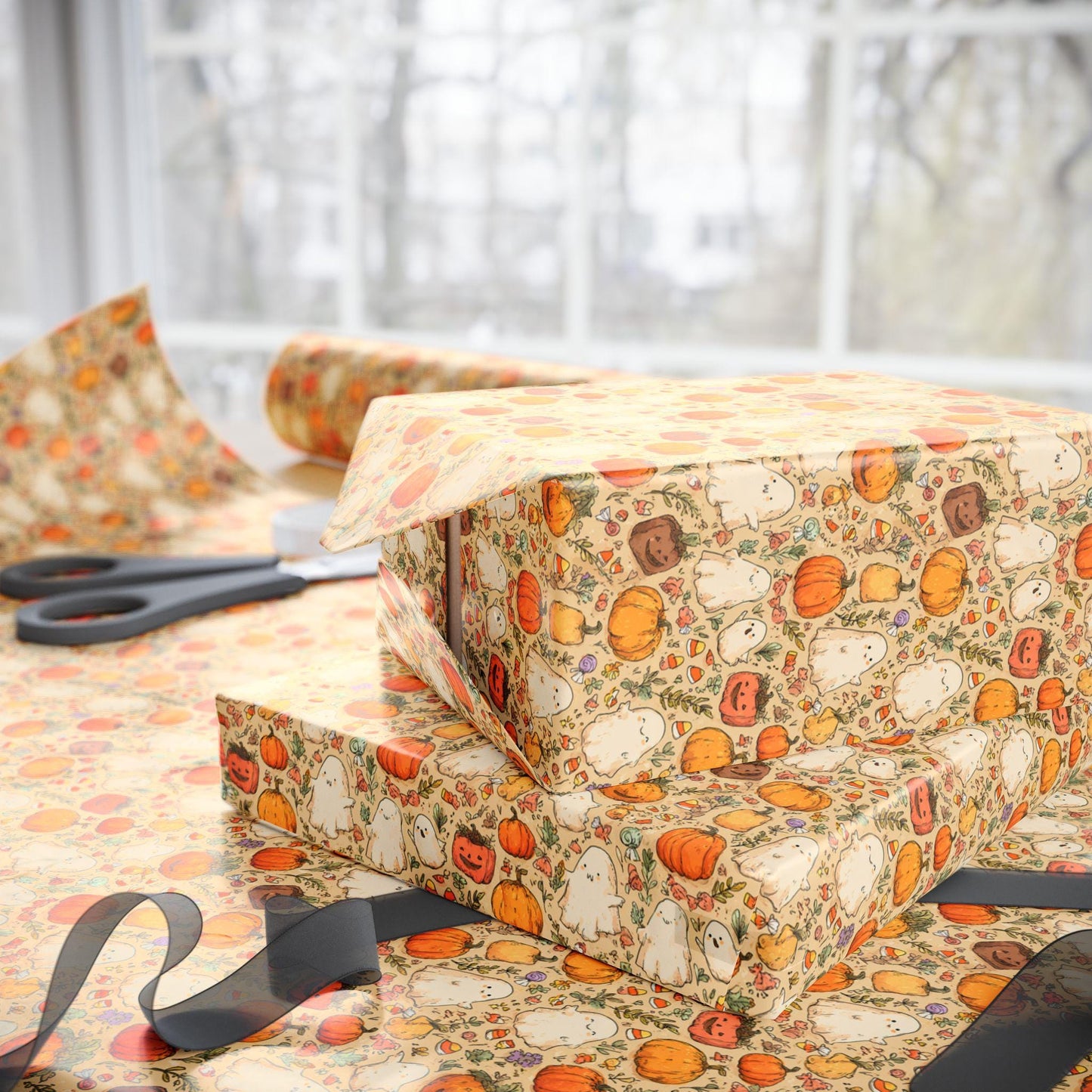 Cute Halloween Gift Wrap Roll, Watercolor Style Wrapping Paper with Ghosts and Pumpkins, Fall Pastel Spooky Vibes