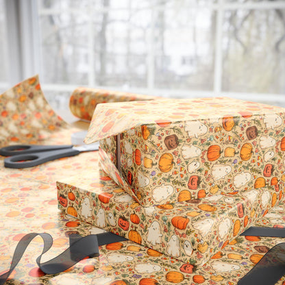 Cute Halloween Gift Wrap Roll, Watercolor Style Wrapping Paper with Ghosts and Pumpkins, Fall Pastel Spooky Vibes