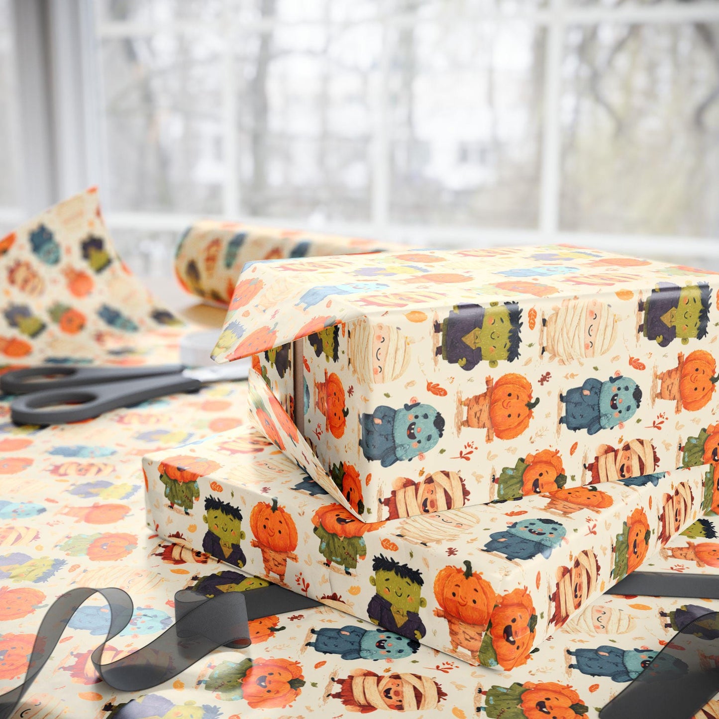 Cute Monster Mash Wrapping Paper Roll, Fun Halloween Gift Wrap with Colorful Monsters for Kids and Party Favors