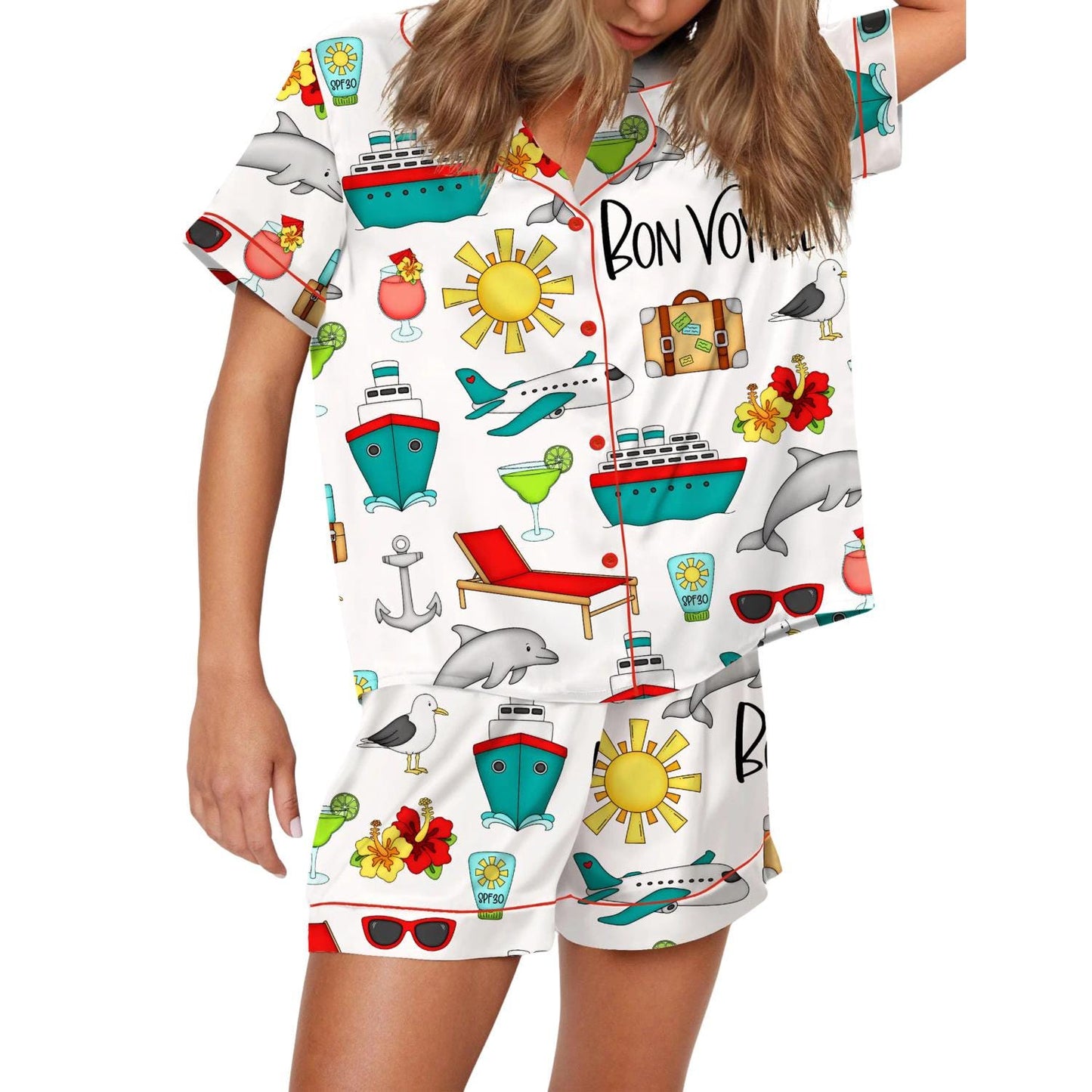 Bon Voyage Cruise Satin Pajama Set For Women HVNHWA23  Pajamas Set