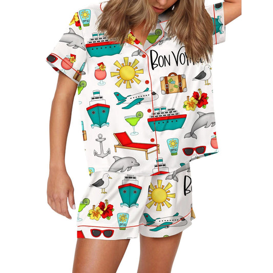 Bon Voyage Cruise Satin Pajama Set For Women HVNHWA23  Pajamas Set