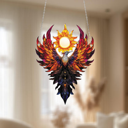 Phoenix Bird Window Hanging with Rising Sun, Fire Element Home Decor, Mythical Creature Ornament, Gift for Strength and Transformation