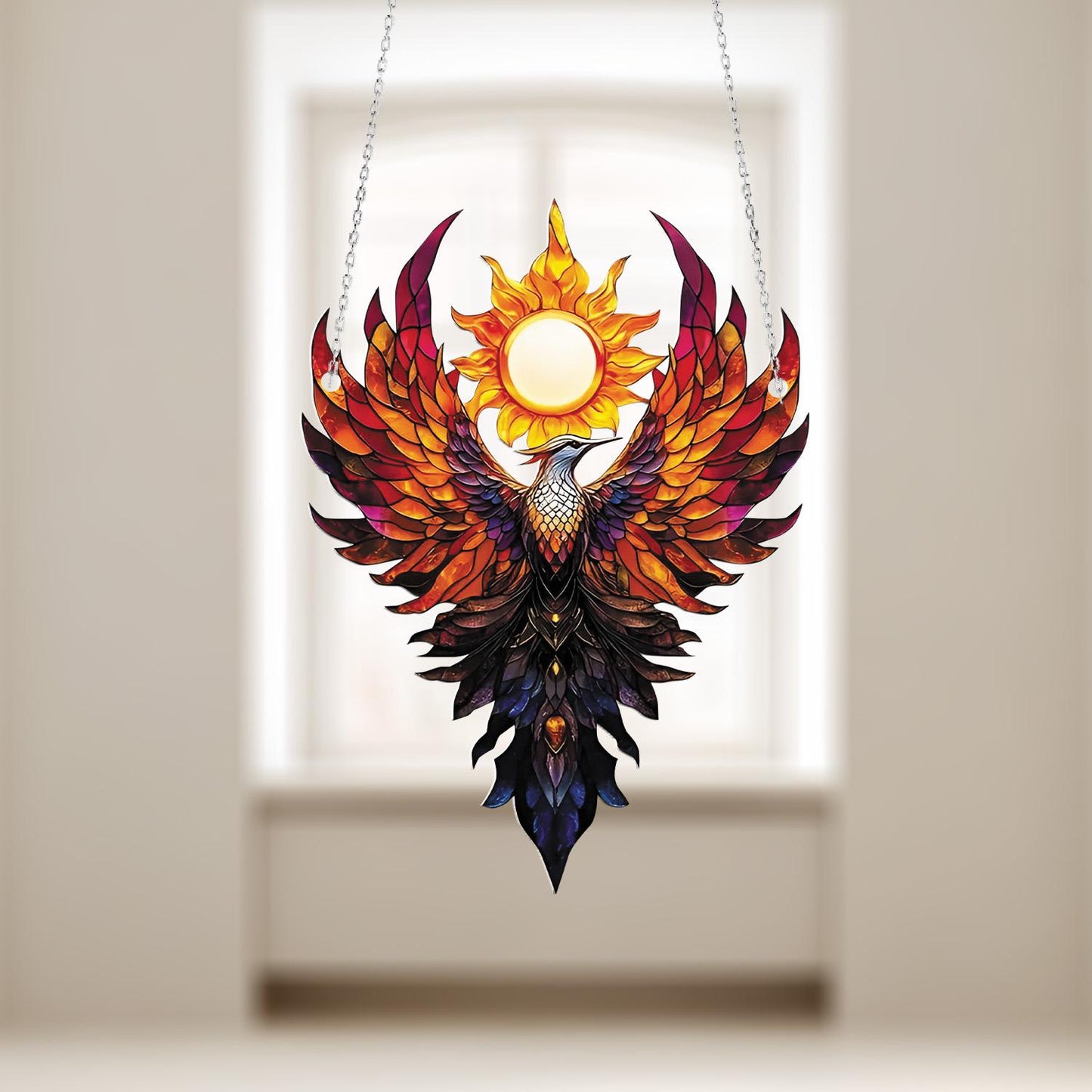 Phoenix Bird Window Hanging with Rising Sun, Fire Element Home Decor, Mythical Creature Ornament, Gift for Strength and Transformation