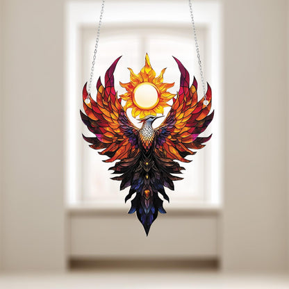 Phoenix Bird Window Hanging with Rising Sun, Fire Element Home Decor, Mythical Creature Ornament, Gift for Strength and Transformation