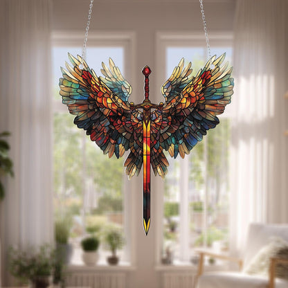 Sword and Wings Window Hanging, Fantasy Warrior Decor, Angelic Protection Ornament, Bold Medieval Style Gift for Him, Heroic Home Accent