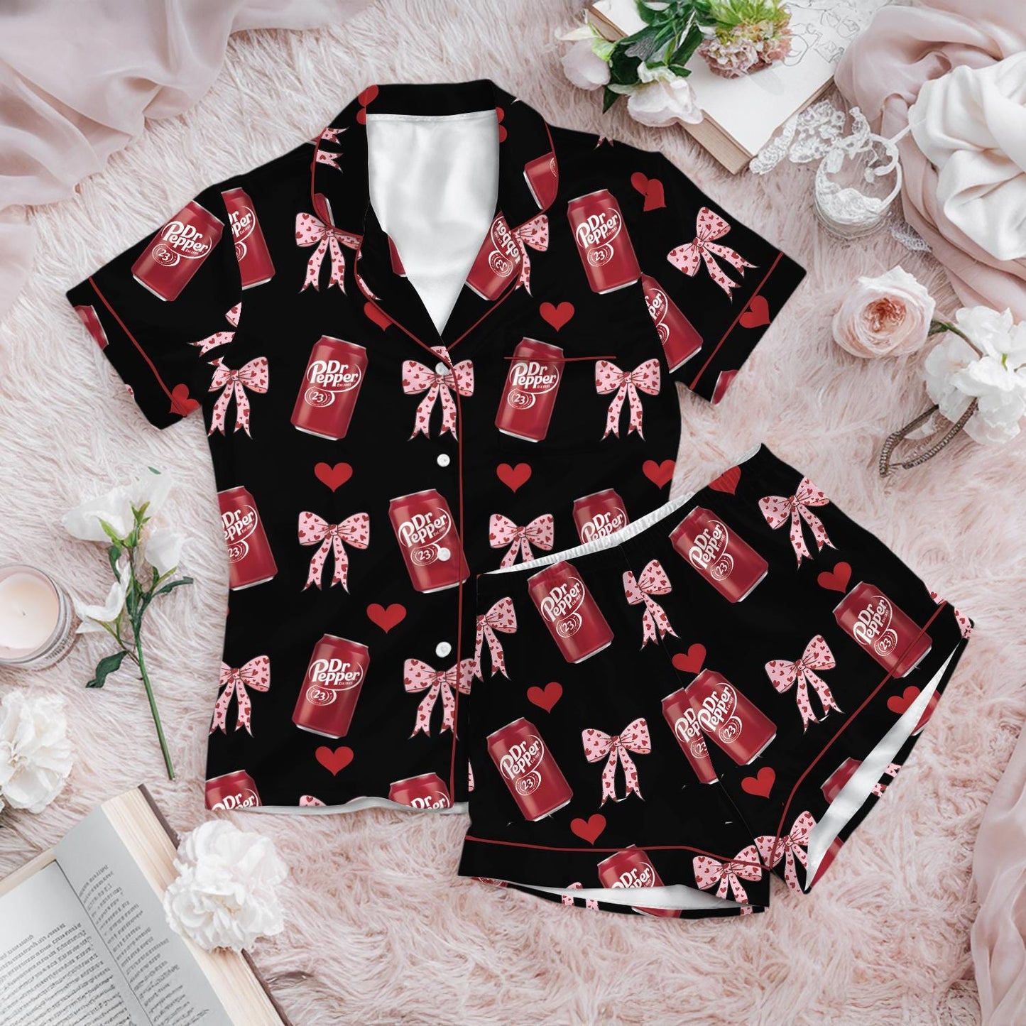 Dr Pepper Satin Pajamas Set, Dr Pepper Soda Lover Pajamas, Lover Drinks Loungewear, Coquette Diet Pepper Sleepwear, Gift for Dr Pepper Lover
