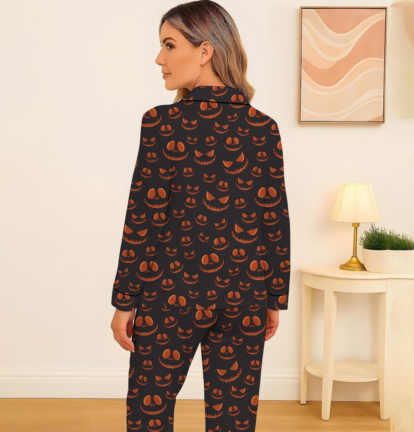 Halloween Pumpkin Face Pajamas Set, Scary Pumpkin Sleepwear, Halloween Pattern Homewear, Spooky Season Gift, Halloween Gift
