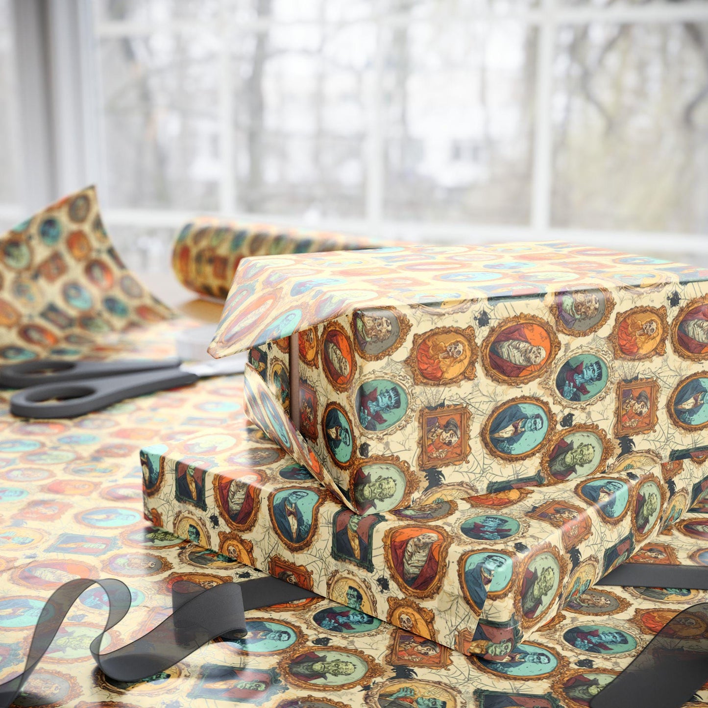 Spooky Monster Mash Halloween Wrapping Paper Roll, Creepy Monsters Gift Wrap with Haunted Creatures for Trick or Treat Packaging