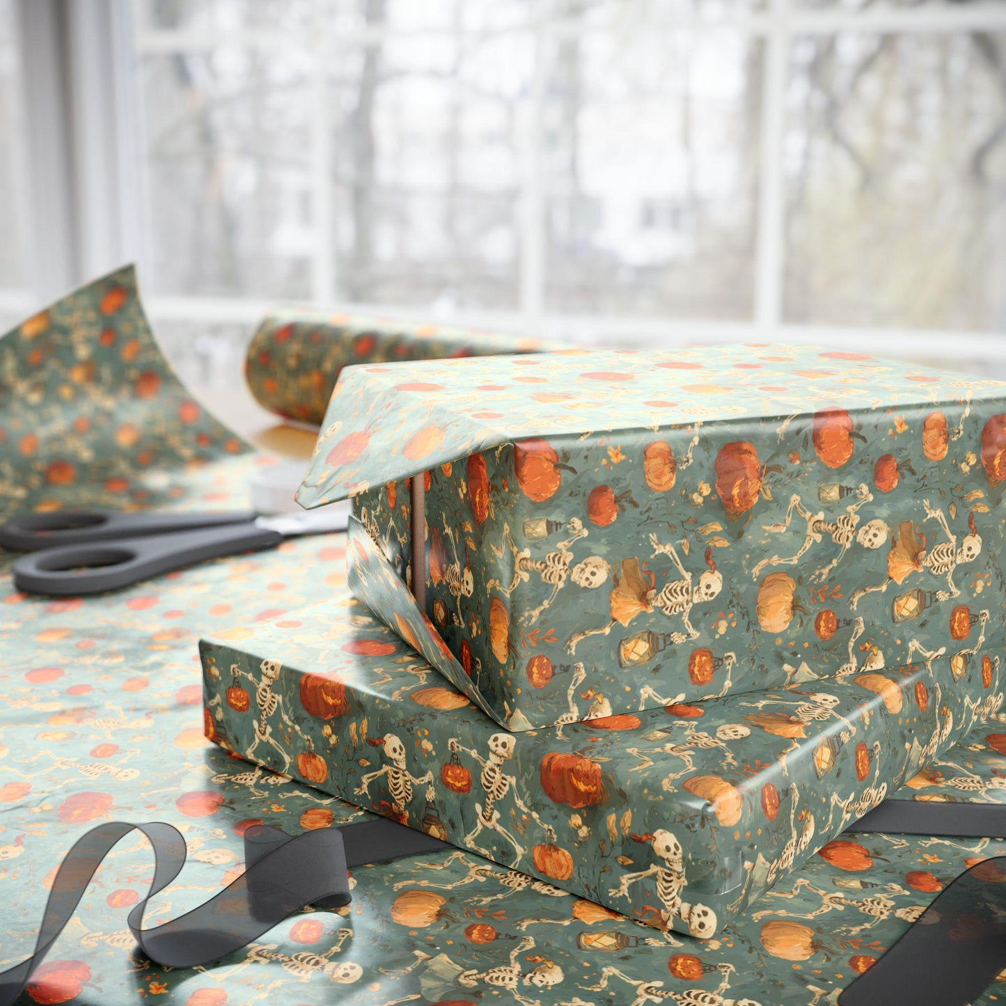 Dancing Skeletons Halloween Wrapping Paper Roll, Jack-o-Lantern Gift Wrap for Spooky Party Favors and Trick or Treat Gifts