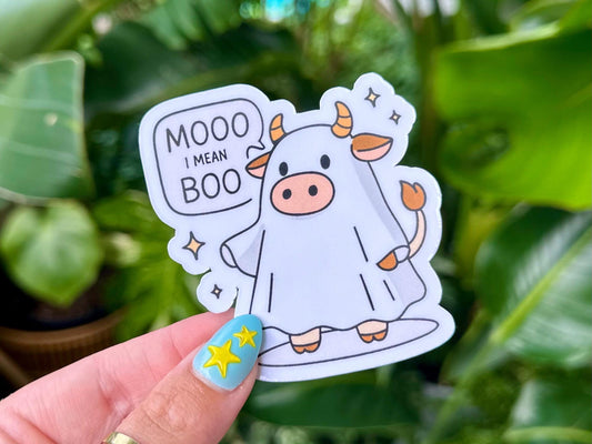 Moo I Mean Boo Waterproof Sticker, Handdrawn Art, Bestfriend Gifts, Positivity, Halloween, Fall, Girly Spooky, Pumpkin, Autumn