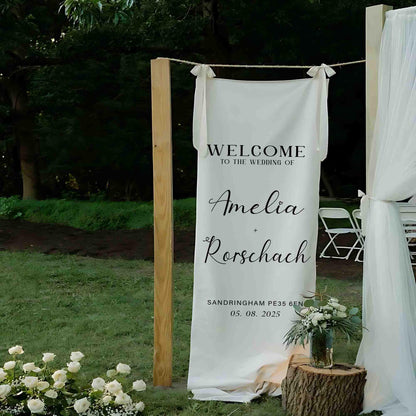 Rustic Wedding Welcome Sign, Custom Outdoor Ceremony Banner with Couple Names, Custom Minimalist Forest Wedding Decor, Elegant Boho Style