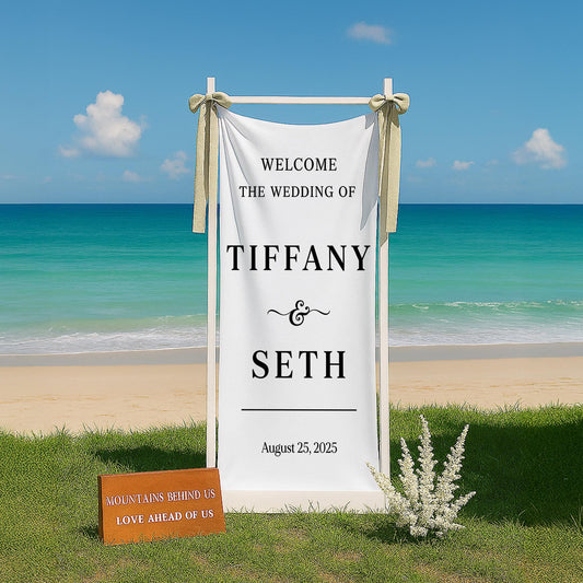 Beach Wedding Welcome Sign – Personalized Wedding Banner with Names & Date – Minimalist Outdoor Wedding Decor – Custom Coastal Ceremony Sign
