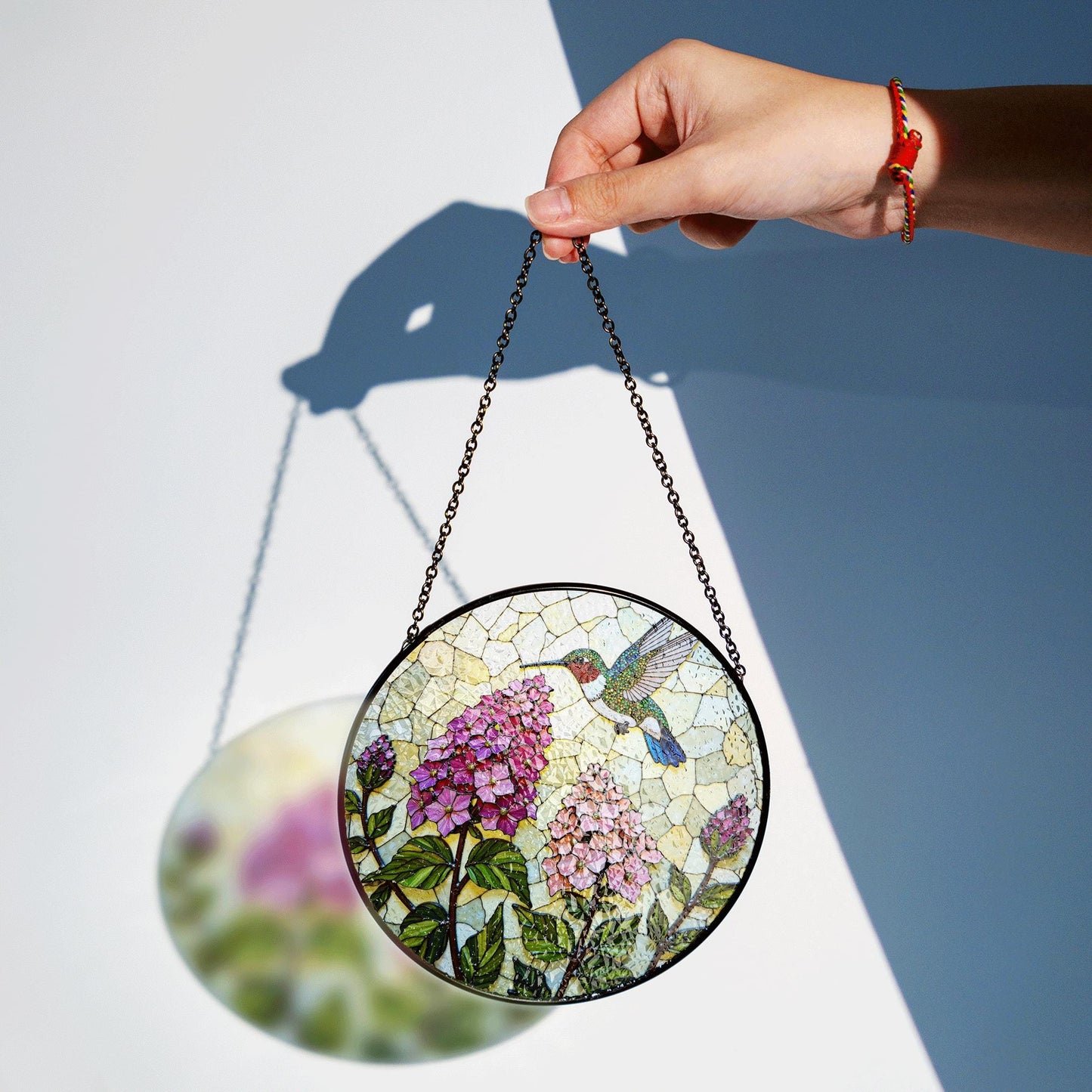 Hummingbird and Hydrangea Round Suncatcher Window Decor Stained Glass Gift for Mom