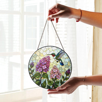 Hummingbird and Hydrangea Round Suncatcher Window Decor Stained Glass Gift for Mom