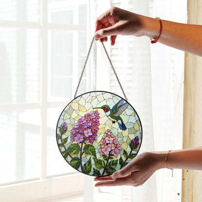 Hummingbird and Hydrangea Round Suncatcher Window Decor Stained Glass Gift for Mom