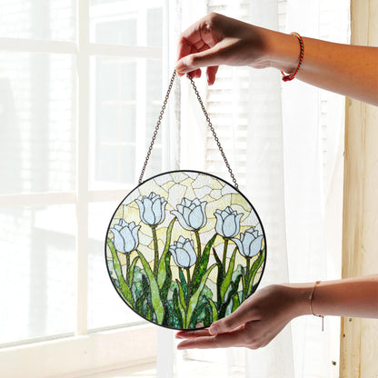 White Tulip Garden Round Glass Suncatcher Window Art Gift for Mothers Day or Spring Birthday