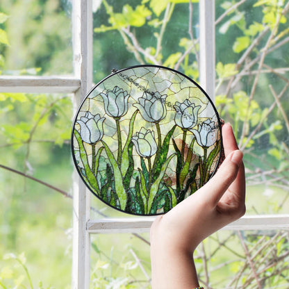 White Tulip Garden Round Glass Suncatcher Window Art Gift for Mothers Day or Spring Birthday