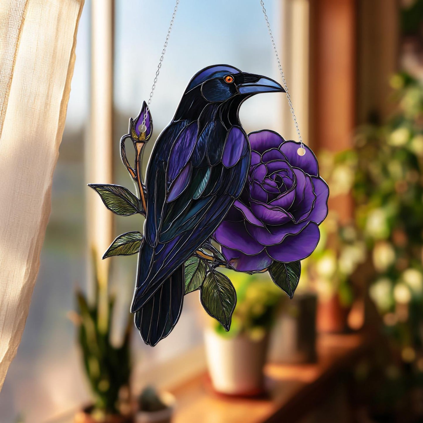 Raven and Purple Rose Window Hanging, Gothic Bird Floral Decor, Witchcore Room Accent, Mystical Raven Gift, Dark Aesthetic Window Art