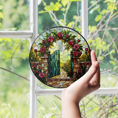 Garden gate rose arch design stained glass suncatcher window decor gift for mothers day or housewarming