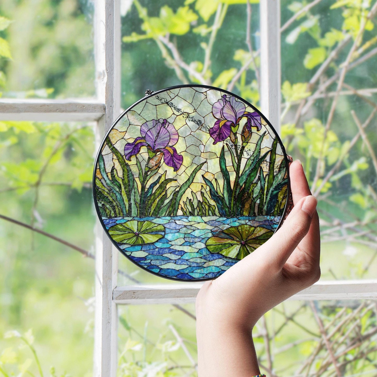Purple iris garden stained glass suncatcher window decor floral ornament mothers day gift