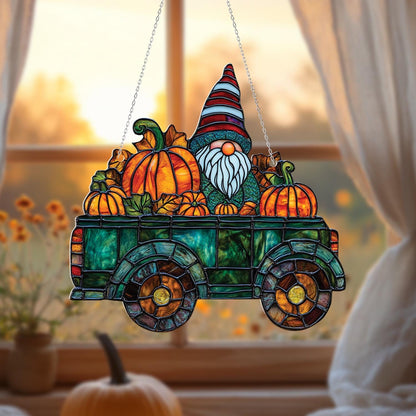 Gnome Pumpkin Truck Window Hanging, Fall Gnome Window Decor, Autumn Farmhouse Accent, Cute Pumpkin Truck Art, Thanksgiving Window Gift