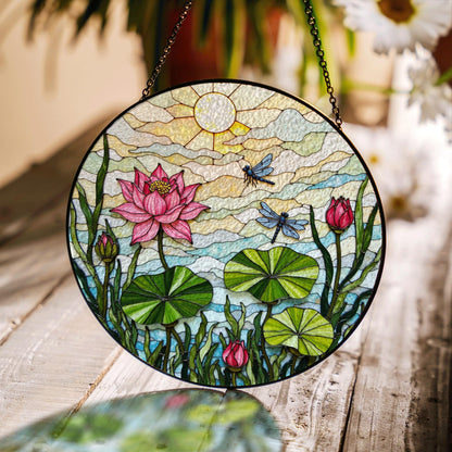 Pink Lotus Dragonfly Art Glass Suncatcher Round Window Hanging Nature Scene Gift for Mom or Garden Lover