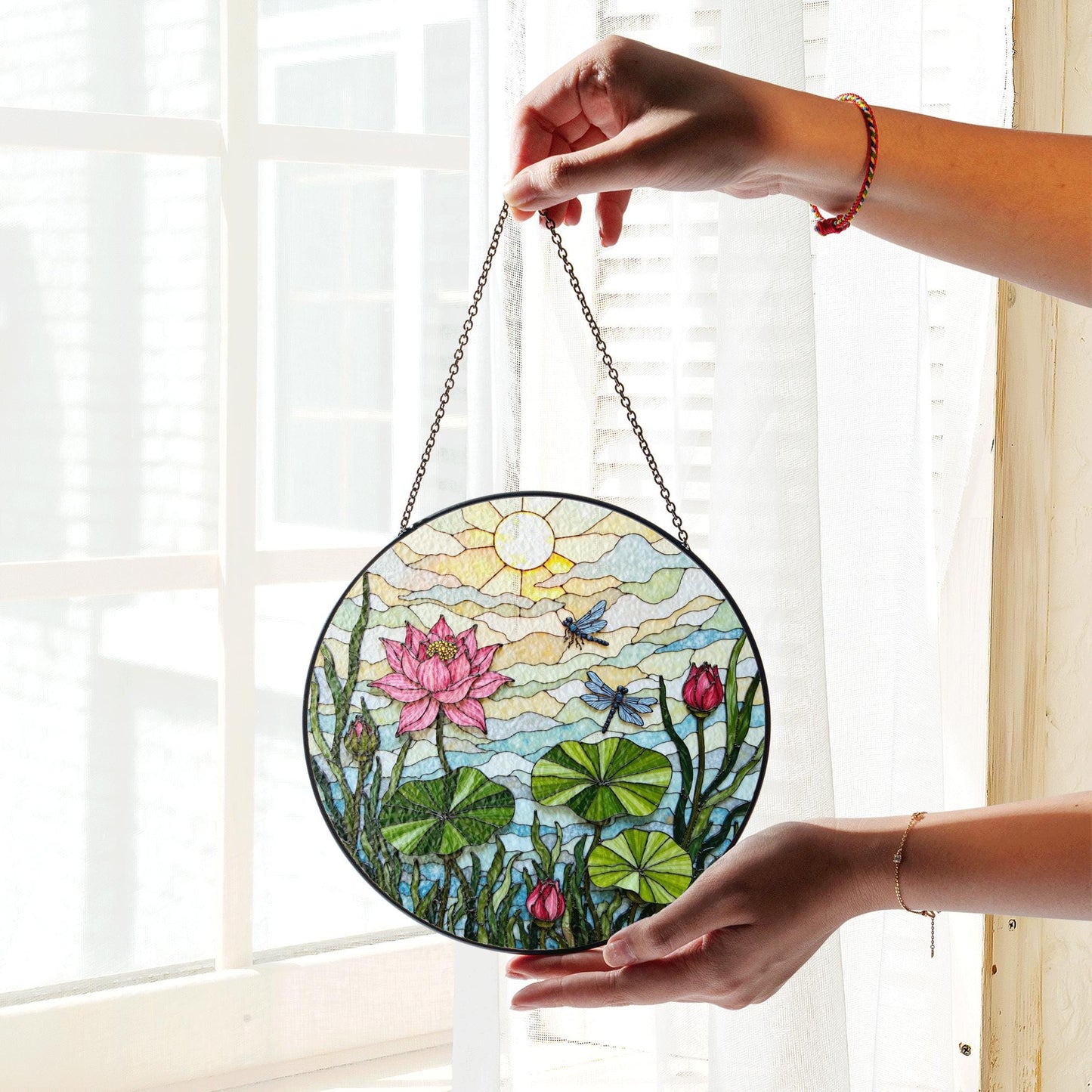 Pink Lotus Dragonfly Art Glass Suncatcher Round Window Hanging Nature Scene Gift for Mom or Garden Lover