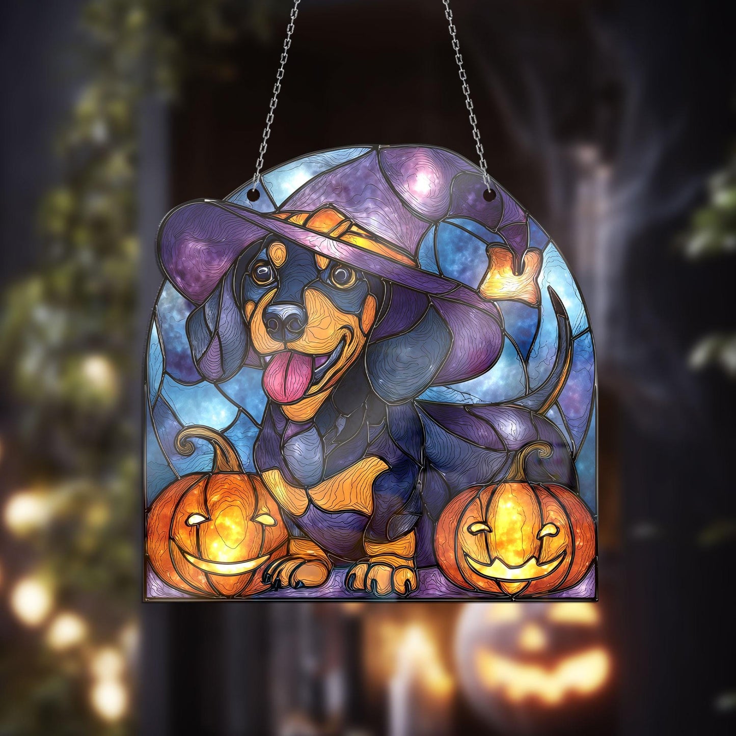 Halloween Dachshund Window Hanging – Witch Dog with Pumpkins, Fall Stained Glass Style Decor, Cute Spooky Pet Art for October Home