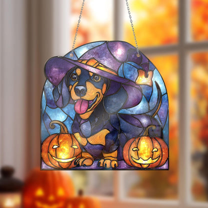Halloween Dachshund Window Hanging – Witch Dog with Pumpkins, Fall Stained Glass Style Decor, Cute Spooky Pet Art for October Home