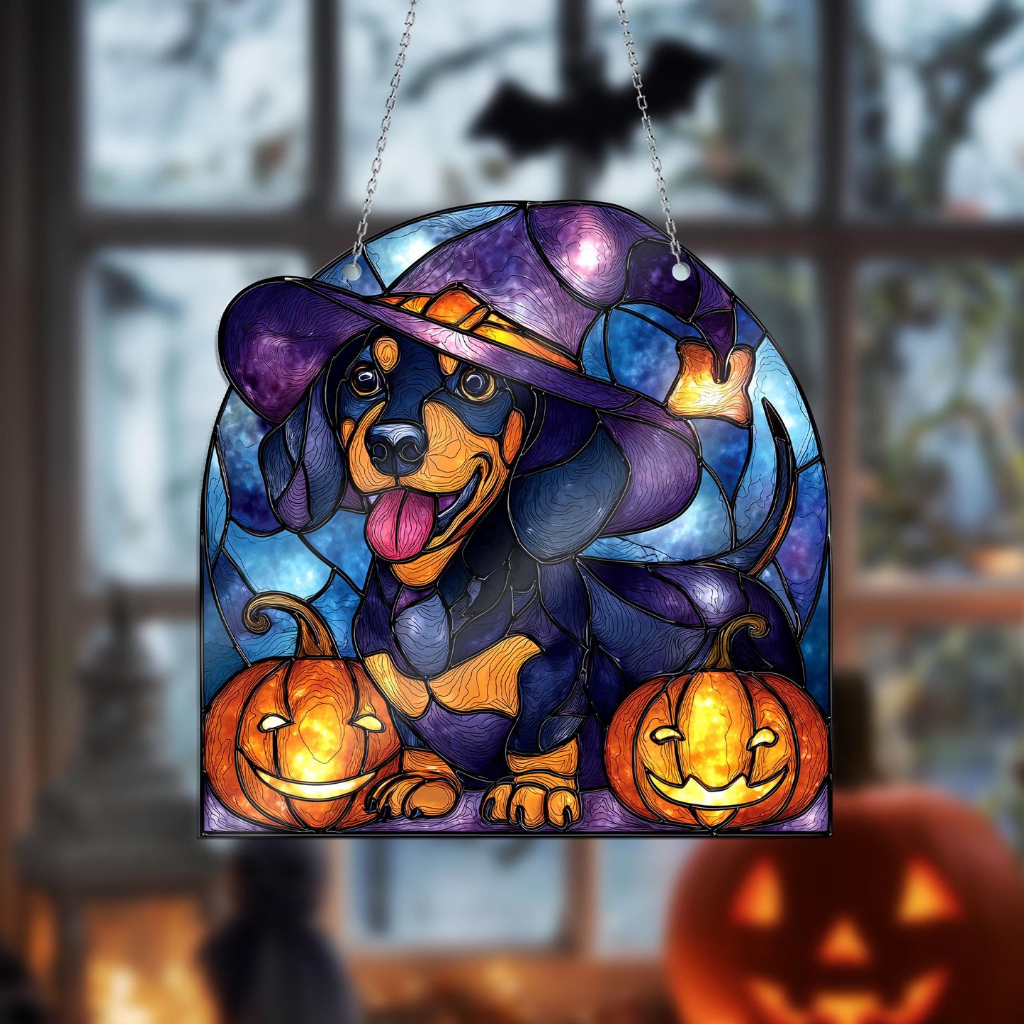 Halloween Dachshund Window Hanging – Witch Dog with Pumpkins, Fall Stained Glass Style Decor, Cute Spooky Pet Art for October Home