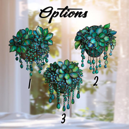 Hanging Succulent Pot Window Decor with Crystals, Green Plant Window Art, Boho Nature Room Accent, Housewarming Gift for Plant Lovers