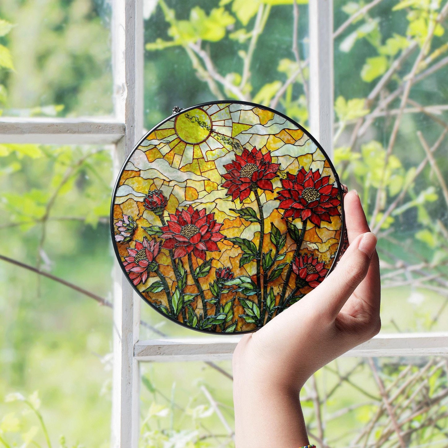 Red wildflower stained glass window sun catcher floral garden art gift for mothers day birthday or nature lover