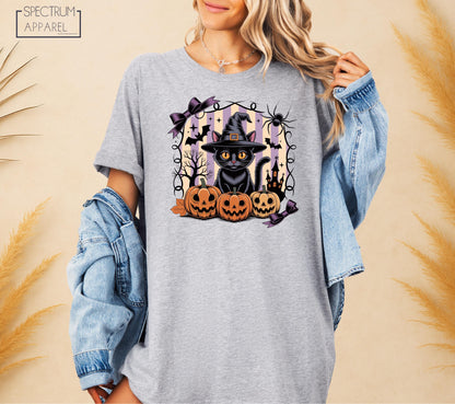 Halloween Black Cat T-Shirt, Spooky Witch Cat Shirt, Cute Pumpkin Cat October T-Shirt, Halloween Bat Fall Tee, Haunted House Autumn T-Shirt