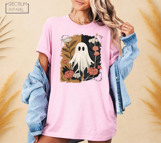 Cute Ghost With Pumpkins Shirt, Fall Flowers Halloween Ghost T-Shirt, Spooky Autumn Shirt, Cute Fall Floral Ghost T-Shirt, Retro Autumn Tee