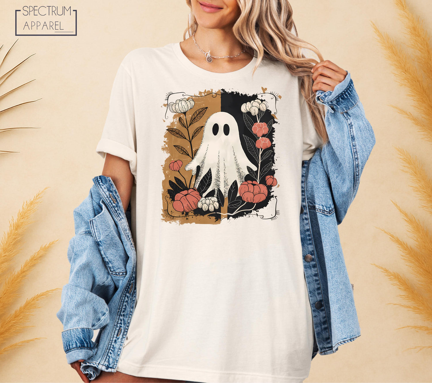 Cute Ghost With Pumpkins Shirt, Fall Flowers Halloween Ghost T-Shirt, Spooky Autumn Shirt, Cute Fall Floral Ghost T-Shirt, Retro Autumn Tee
