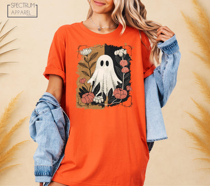 Cute Ghost With Pumpkins Shirt, Fall Flowers Halloween Ghost T-Shirt, Spooky Autumn Shirt, Cute Fall Floral Ghost T-Shirt, Retro Autumn Tee