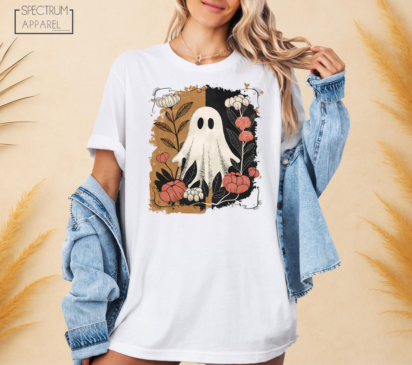Cute Ghost With Pumpkins Shirt, Fall Flowers Halloween Ghost T-Shirt, Spooky Autumn Shirt, Cute Fall Floral Ghost T-Shirt, Retro Autumn Tee