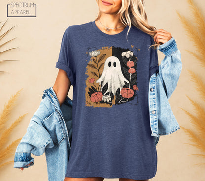 Cute Ghost With Pumpkins Shirt, Fall Flowers Halloween Ghost T-Shirt, Spooky Autumn Shirt, Cute Fall Floral Ghost T-Shirt, Retro Autumn Tee