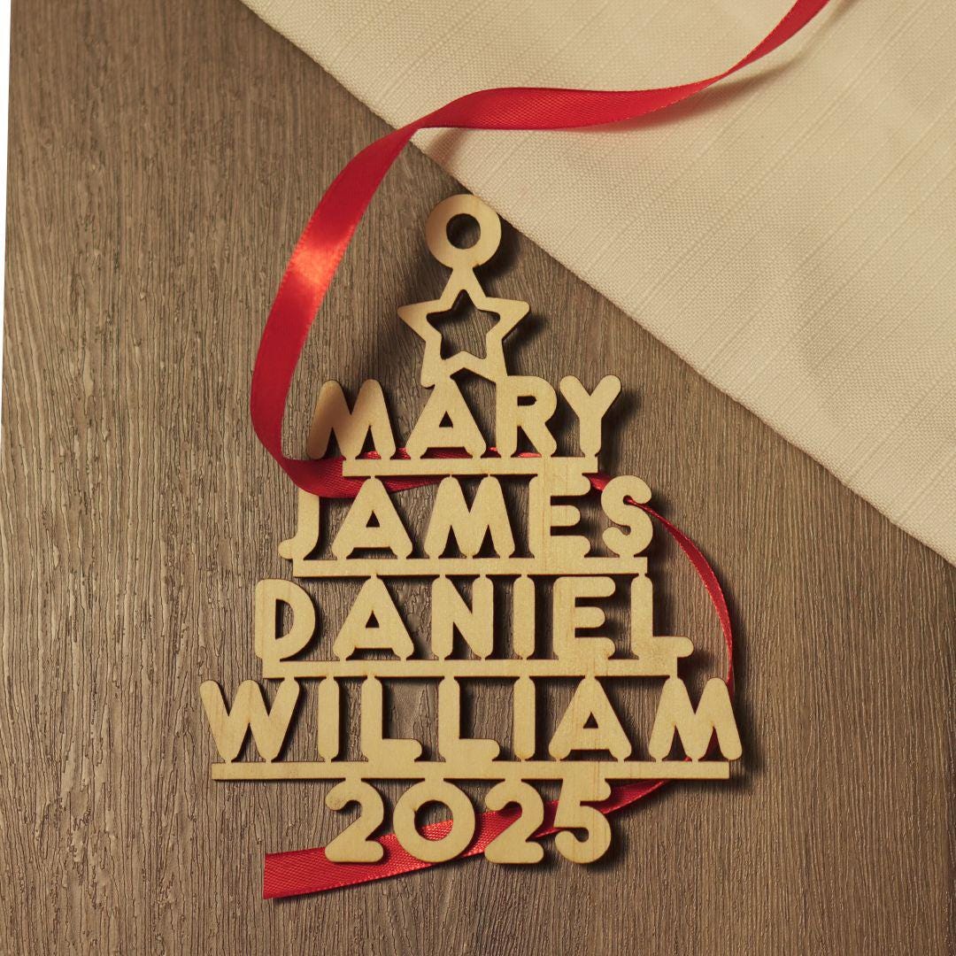 Custom Family Name Wooden Christmas Tree Ornament: Laser-Cut Keepsake