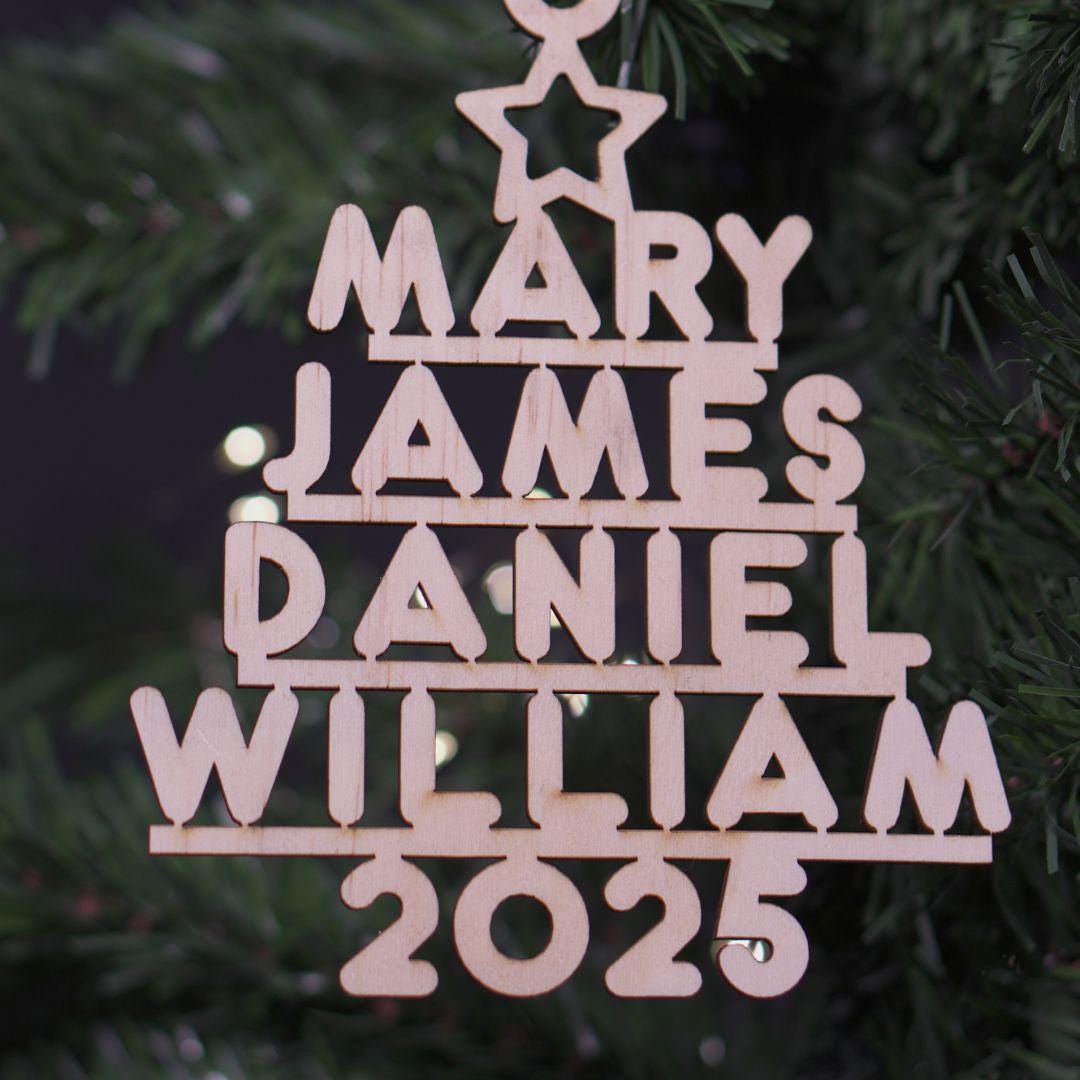 Custom Family Name Wooden Christmas Tree Ornament: Laser-Cut Keepsake