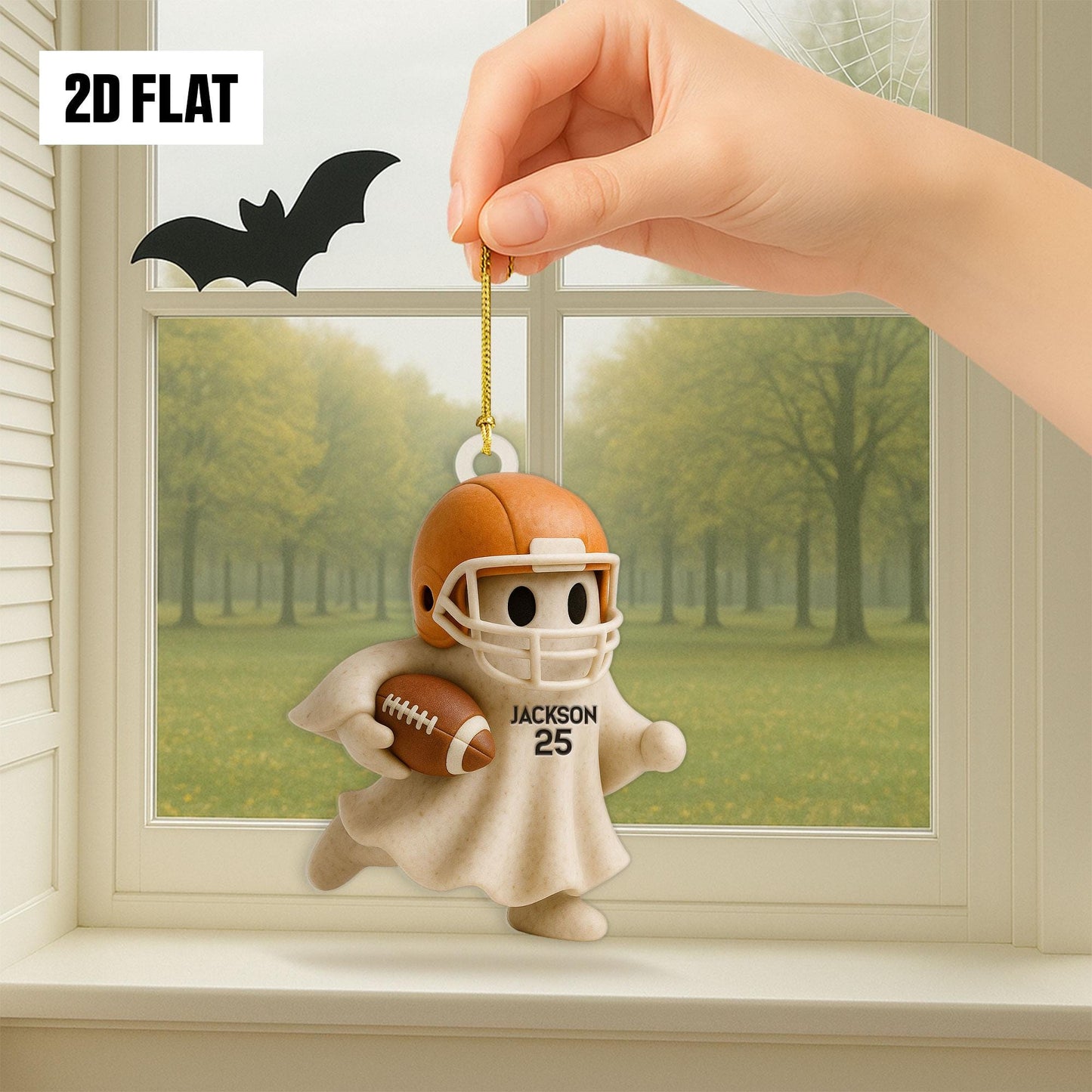 Personalized Football Ghost 2D Flat Ornament, Custom Name Ghost with Bat, Fall Sports Gift for Kids & Football Fan, Halloween Hanging Window