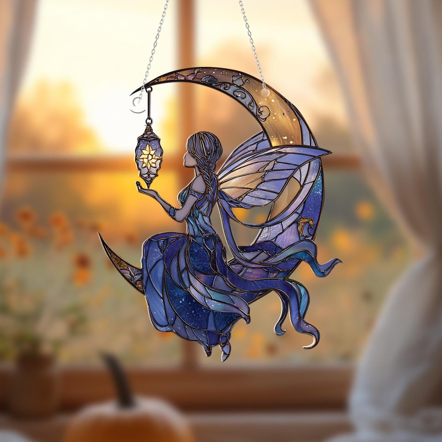 Moon Fairy Window Hanging with Lantern – Dreamy Night Sky Decor for Fantasy Lovers, Whimsical Celestial Art for Home or Gift Giving