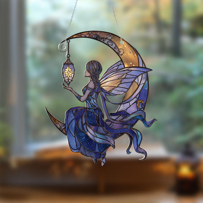 Moon Fairy Window Hanging with Lantern – Dreamy Night Sky Decor for Fantasy Lovers, Whimsical Celestial Art for Home or Gift Giving