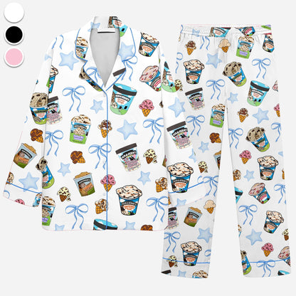 Ben&Jerry Bow Pajamas Set, Ben Jerry Ice Cream Sleepwear, Ice Cream Lovers Loungewear, Gift For Her, Premium Satin Pajamas