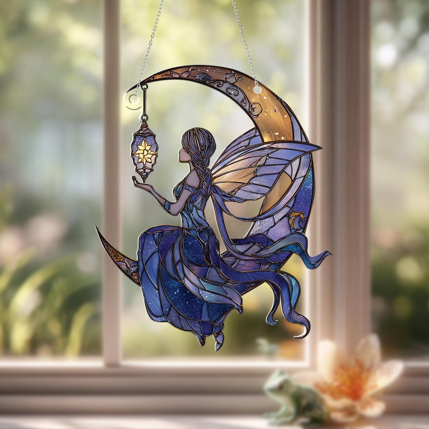 Fairy on Moon Window Hanging, Magical Fairy Moon Decor, Starry Night Fairy Art, Fantasy Room Accent,Gift for Fairy Lovers, Moonlight Hanging