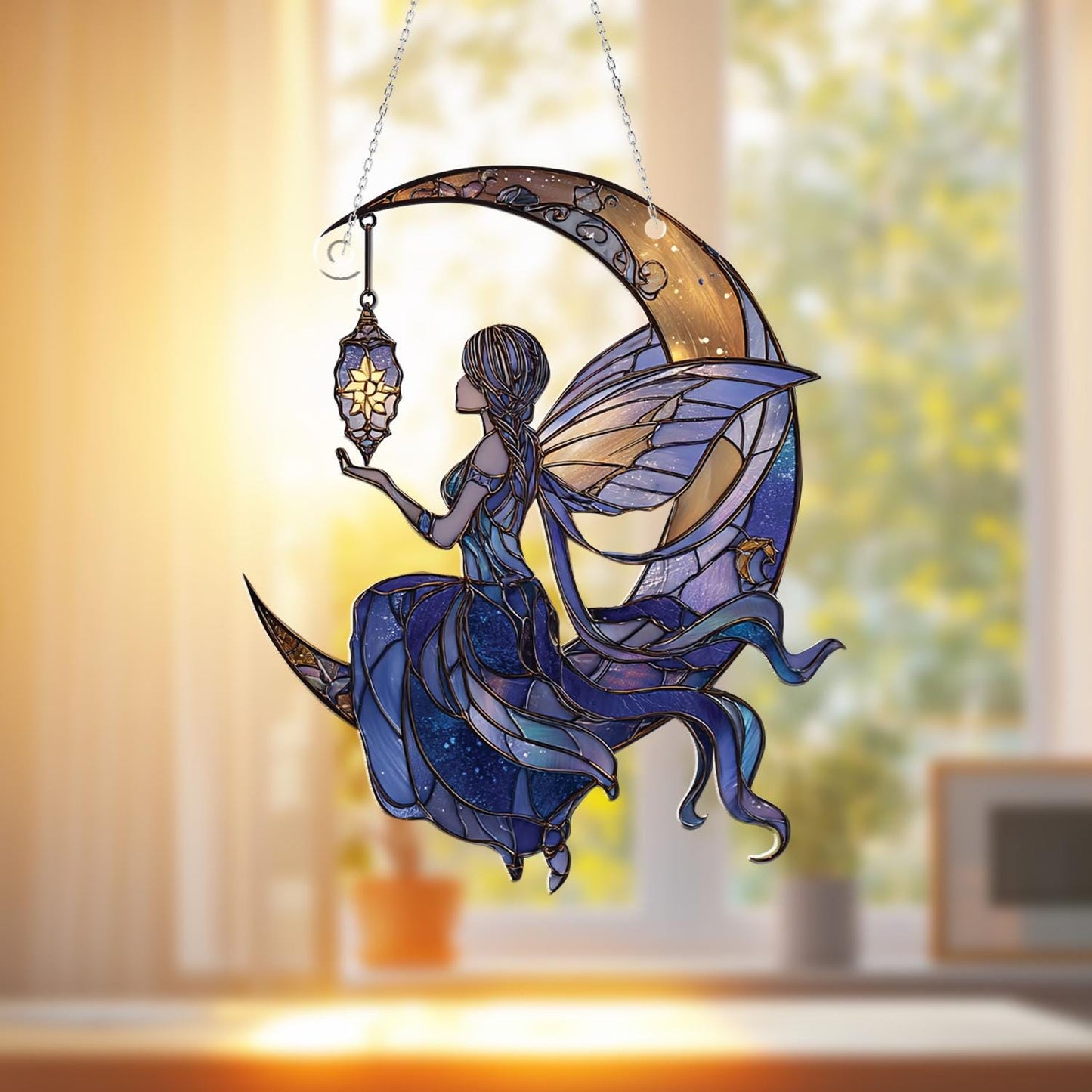 Fairy on Moon Window Hanging, Magical Fairy Moon Decor, Starry Night Fairy Art, Fantasy Room Accent,Gift for Fairy Lovers, Moonlight Hanging