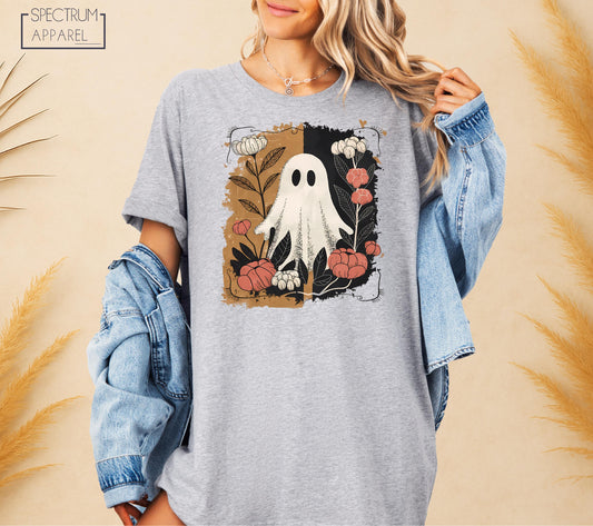 Cute Ghost With Pumpkins Shirt, Fall Flowers Halloween Ghost T-Shirt, Spooky Autumn Shirt, Cute Fall Floral Ghost T-Shirt, Retro Autumn Tee
