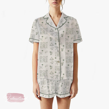 Pride and Prejudice Hand Drawn Set – Jane Austen Pajamas with Pemberley Sketches, Tea, Letters & Florals | Regencycore Sleepwear